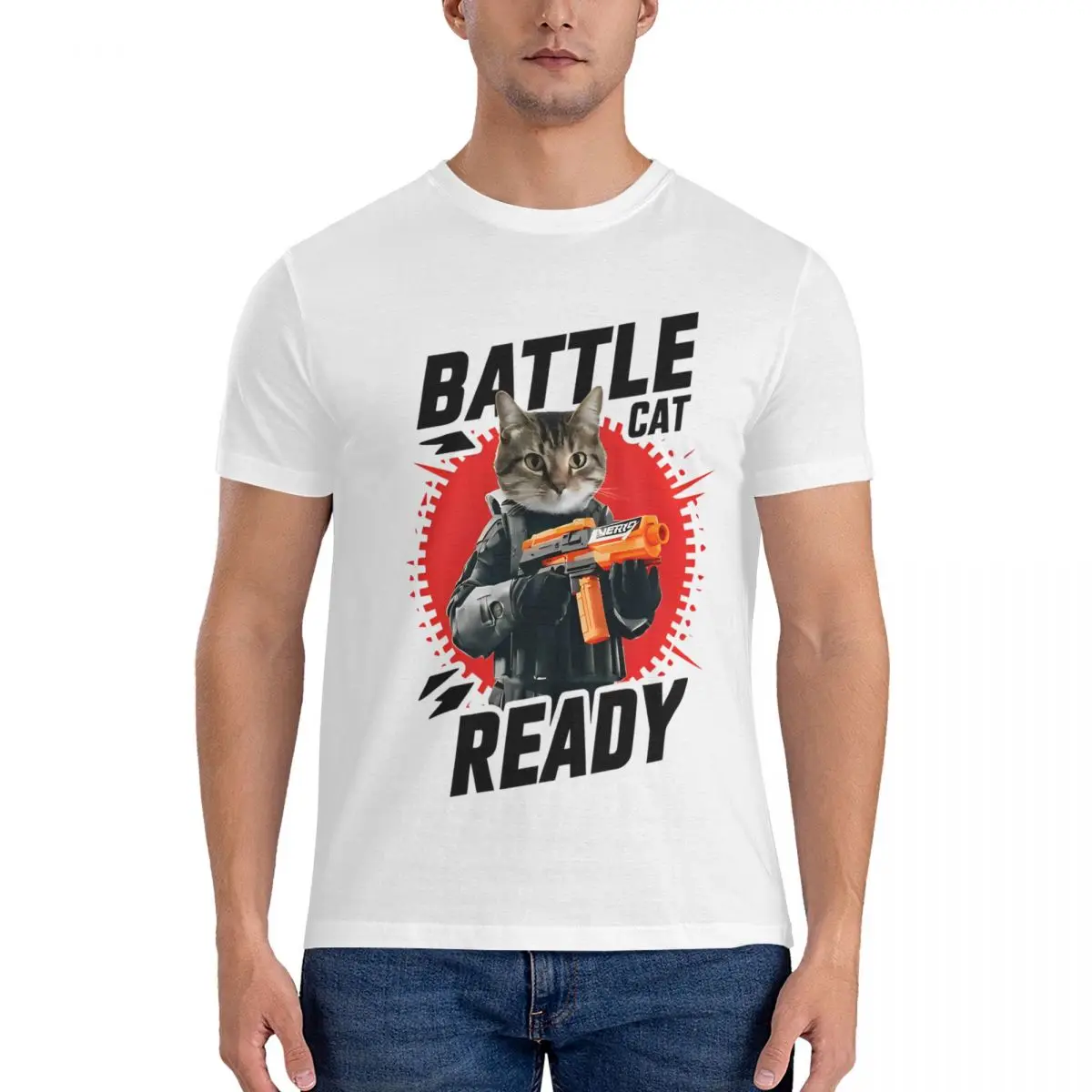 Nerf Cat Battle Ready T Shirt Men Women Pure Cotton Funny T-Shirt Round Neck Tees Short Sleeve Tops Birthday Present