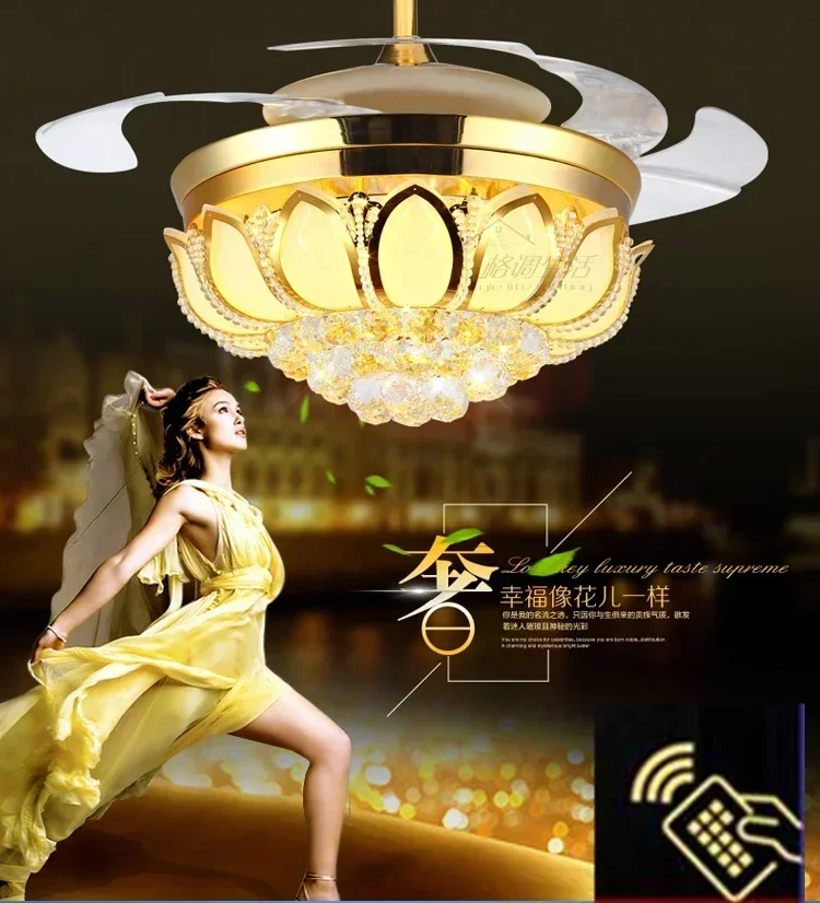 Modern 42 Inch Gold Lotus Ceiling Fan with Crystal Light Luxury Folding Design Remote Control