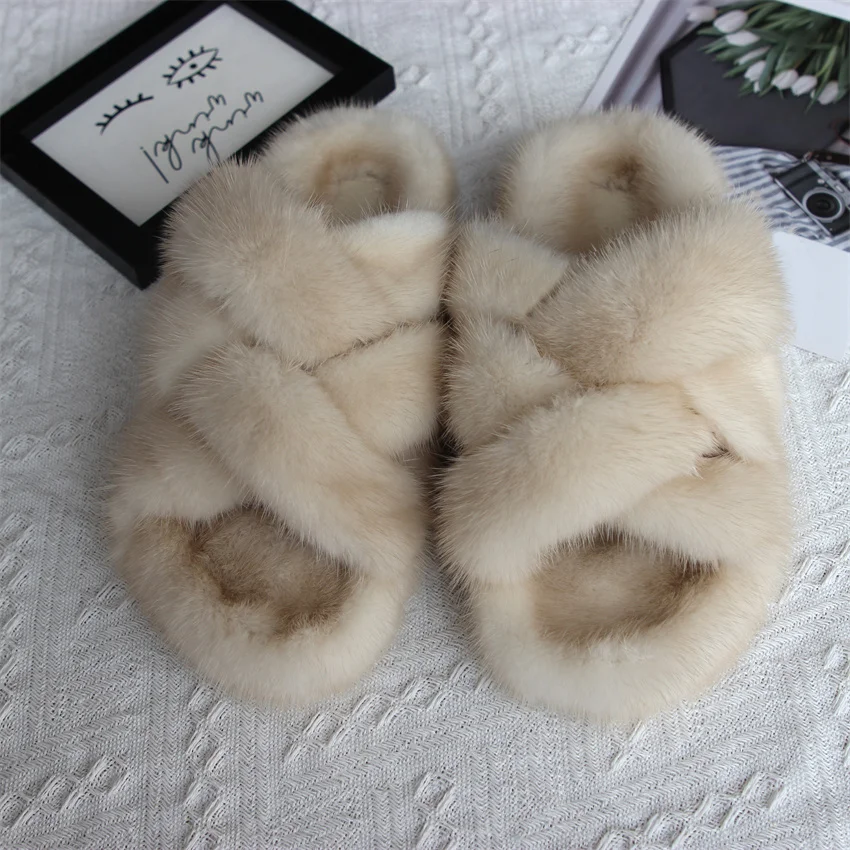 Donne pelliccia inverno caldo pelliccia di pelliccia pantofole soffici scarpe di peluche casa casa scarpe da interno pantofole camera da letto donna