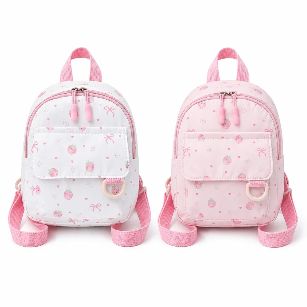 Sweet Nylon Mini Shoulder Bag Large Capacity Strawberry Print Student Backpack Waterproof Soft School Bag For Girls