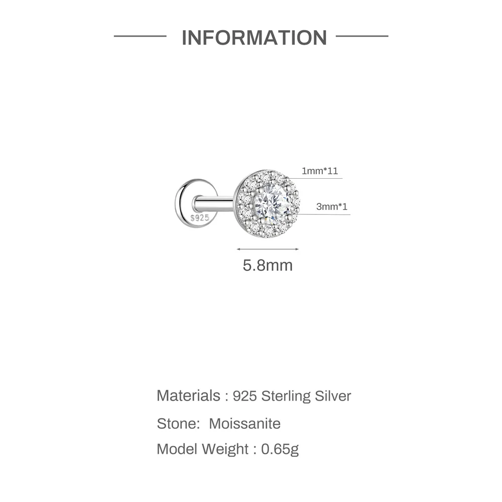 Aide 1 Stück 925 Sterling Silber Moissanit Halo Piercing Ohrstecker mit Schraubverschluss, rund, für Knorpel, 2-4 mm, für Damen und Herren – Detail 16