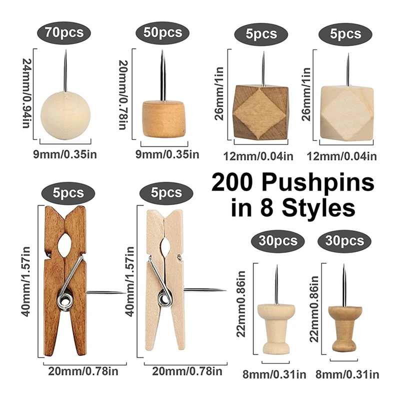 หมุดกดไม้ หมุดไม้ ไม้ Tacks พร้อมกล่องเก็บของสําหรับกระดานไม้ก๊อก รูปภาพ