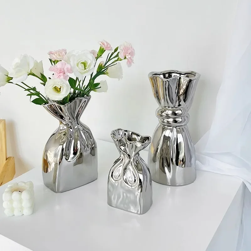 

Unique Ceramic Vase, White Silver Plating, Natural Crease Design, Niche Folded Paper Style, Elegant Desktop Decoration