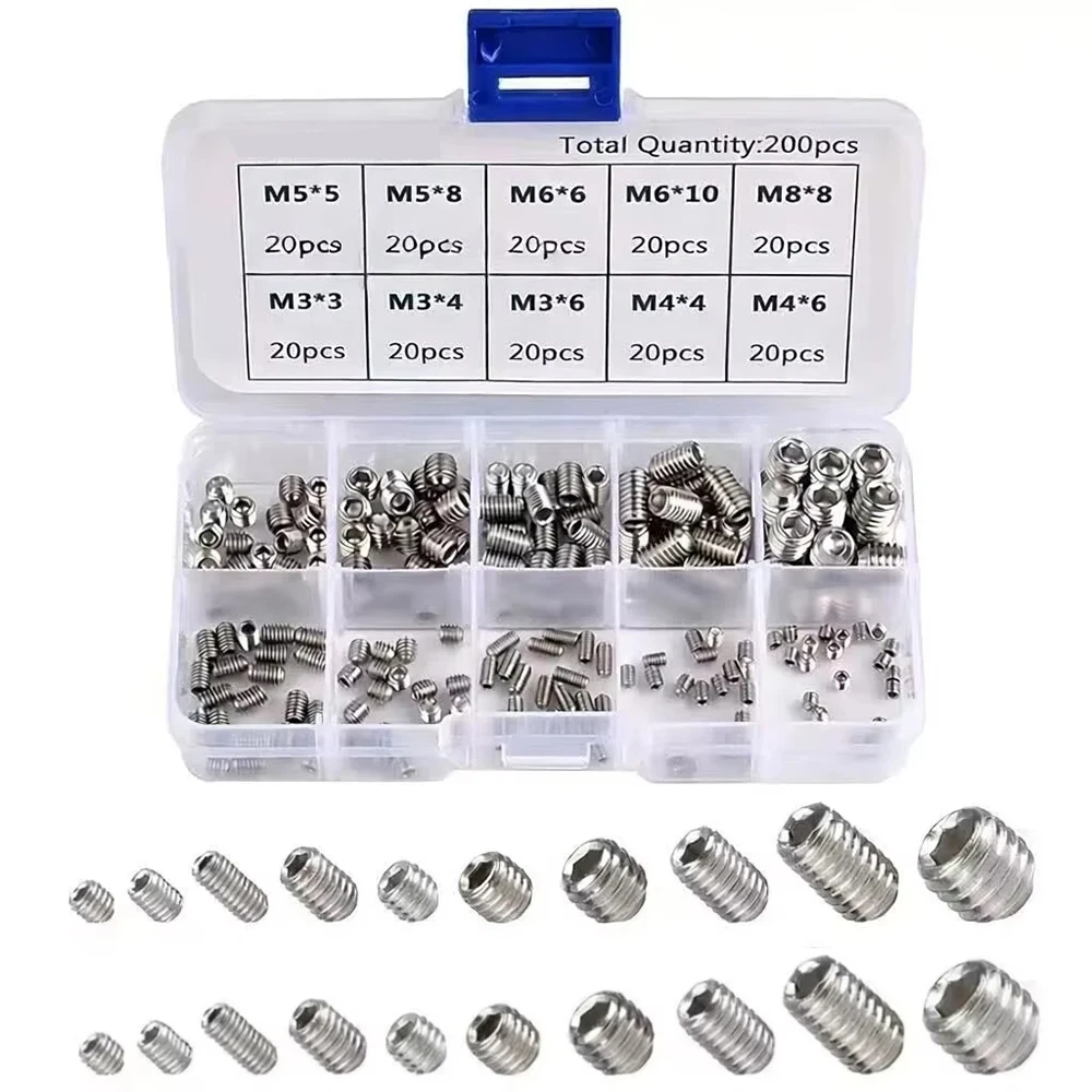 100/200pcs 304 Stainless Steel Screw Set Stainless Steel Screw Set, M3-M8 Sizes, Silvery Hex Head Allen Flat Head Anchor Bol