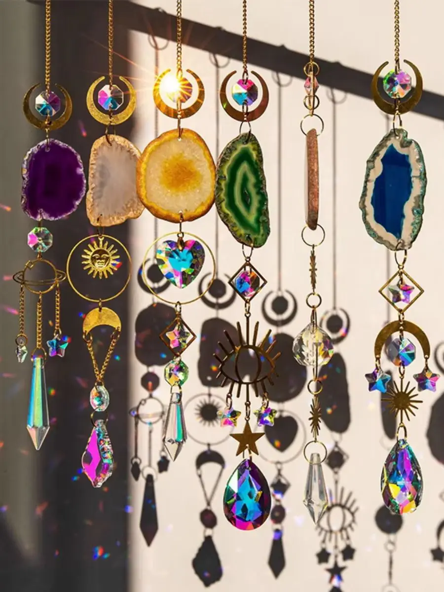 Atrapasueños de cristal para decoración del hogar, cristal colorido de ágata, arcoíris, mal de ojo, sol, Luna, ventana, Prisma colgante para jardín