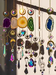 Crystal Sun Catcher Colorful Agate Rainbow Maker Stained Glass Evil Eye Sun Moon Window Hanging Prism For Garden Home Decoration