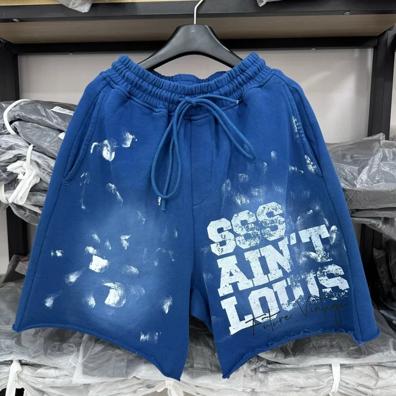 

24ss Washed Blue Saint Michael Shorts Men Women Graffiti Destroy Letter Logo Printing Saint Louis Oversized Drawstring Shorts