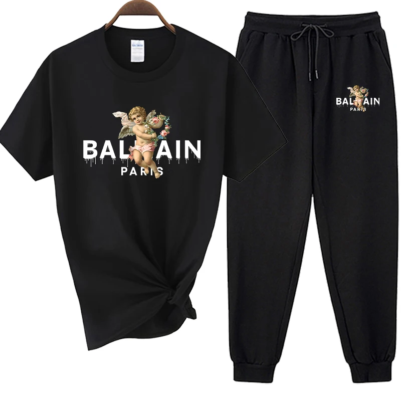 

Костюм спортивный Мужской Хлопковый с принтом ангелов, роскошный комплект из футболки с короткими рукавами, винтажная модная одежда в стиле Харадзюку, Y2k