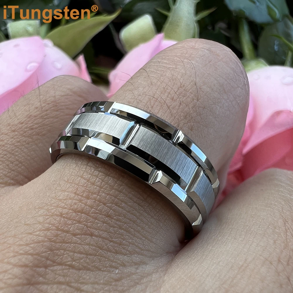 iTungsten 8mm Mens Tungsten Wedding Ring Brick Pattern Black Plated Brushed Finish Engagement Band Comfort Fit