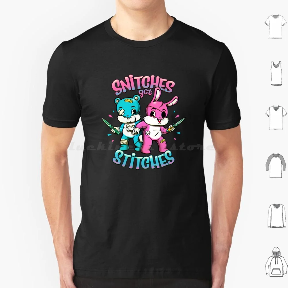 Snitches Get Cute Cartoon T Shirt Big Size 100% Cotton Knives Bandages Scars Pink Blue Bunny Bear Knife Balisong Snitches Get