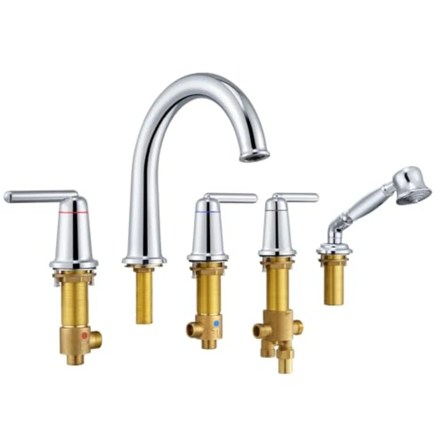 

Roman Bath Tub Faucet Set with Rough-in Valve and Sprayer Brass 5 Hole Widespread Deck Mount Bathtub Faucet with Diverter High