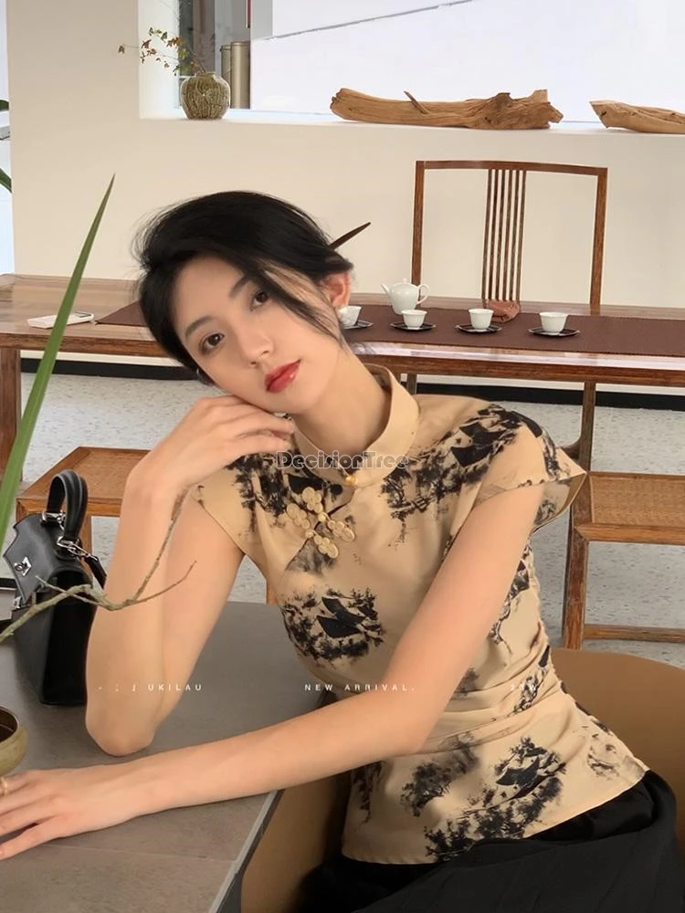 2024 chinese style retro cheongsam top printing elegant lady party blouse stand collar diagonal front buckle sleeveless shirt