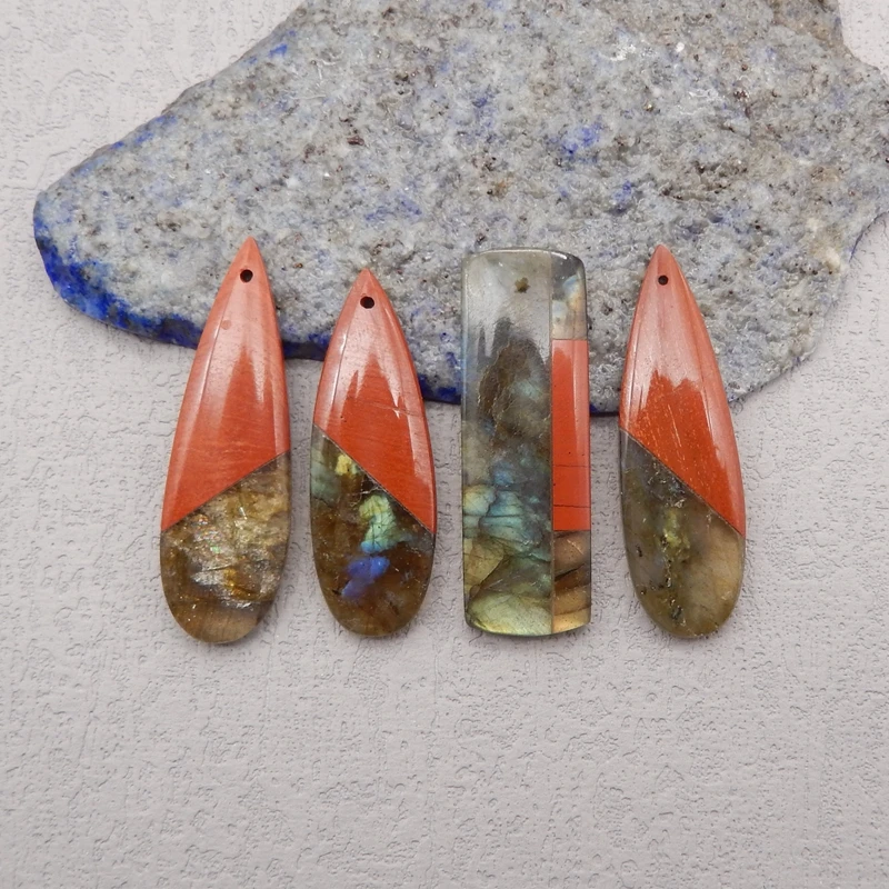 4Pcs Natural Stone Intarsia Pendants For Jewelry Making,Labradorite Lapis Lazuli Pendants,DIY Necklace,42x14x4mm,17g