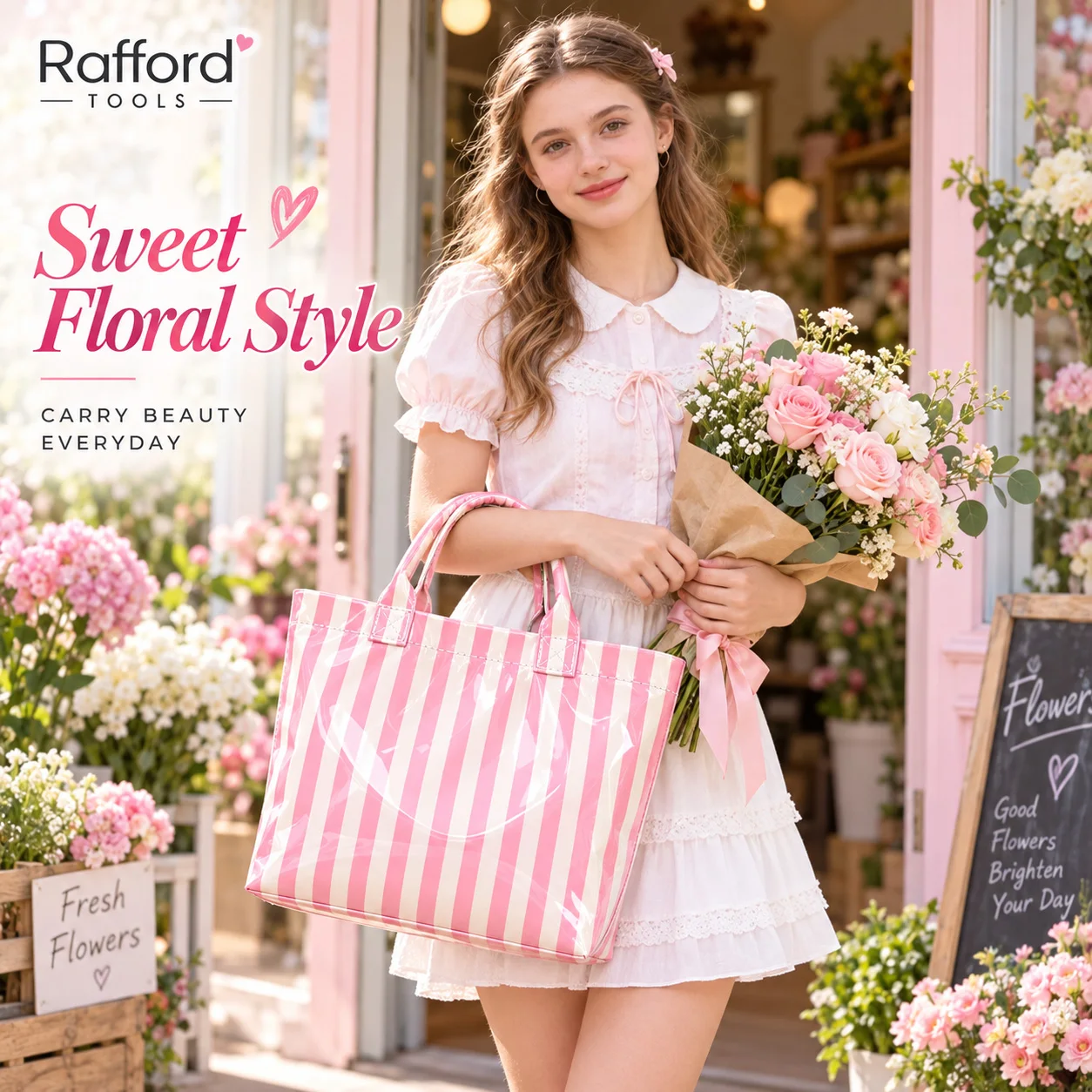 Rafford Large Capacity Waterproof Striped Tote Bag for Women, PVC Beach Shopping Handbag, Reusable Travel Picnic Carry Bag