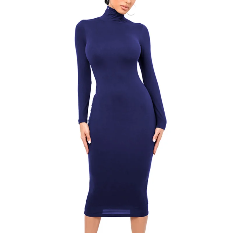 Winter Black Turtleneck Sexy Women Dress Autumn Long Sleeve Skinny Midi Boydcon Casual Blue Plush Knee-Length Party Club