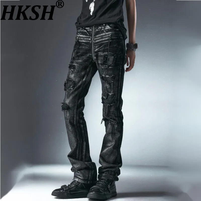 HKSH Spring Autumn New Men Tide Dark Punk Denim Pants Silver-brushed Ripped Dragon Scale Skinny Slim Fit Jeans Vibe Y2K HK27200