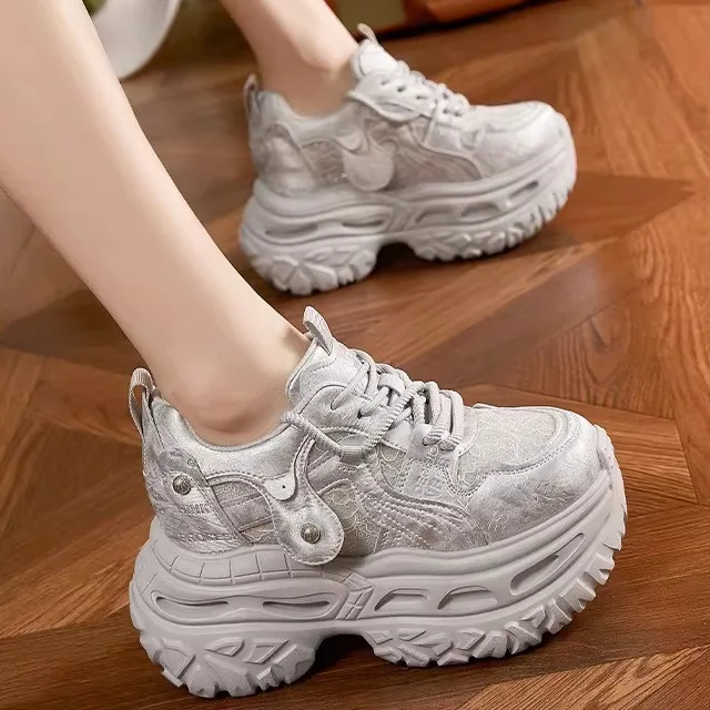

Women's Sport Shoes Mesh Breathable Genuine Leather Thick Bottom Dad Shoes Lightweight Versatile Casual Low Top Fashion