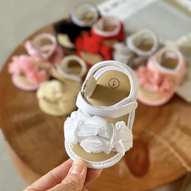 

Summer 0-18M baby girl wedding sandals, baby pre walking shoes, soft soled beach flat shoes for newborns
