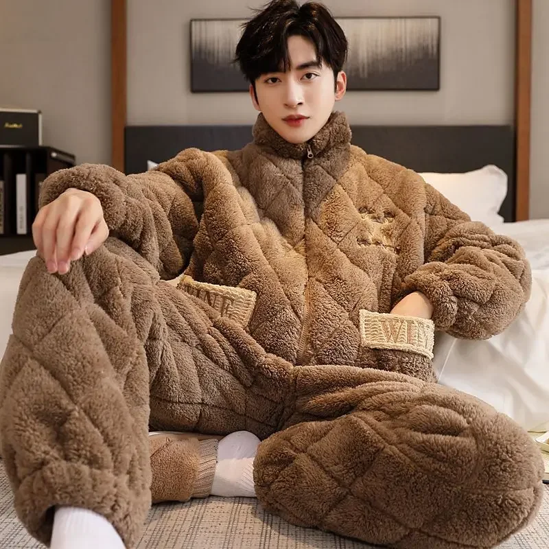 Youth Coral Velvet Pajamas Men Winter Thick Plush Loungewear Set 3-layer Cotton Sleepwear Jacket Flannel Warm Male HomeWear Suit