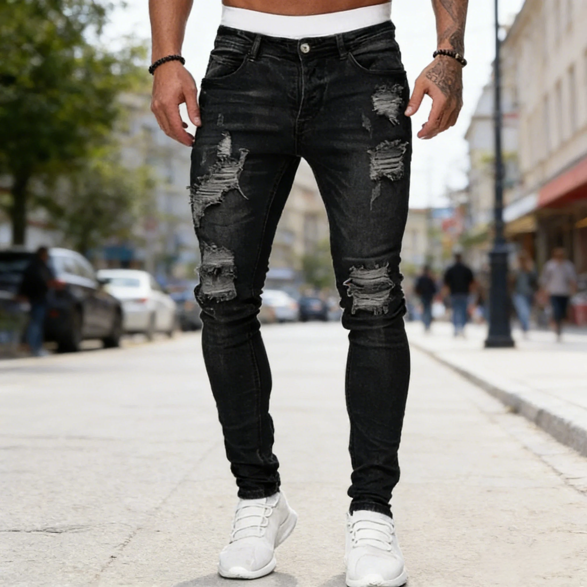 

Мужские рваные джинсы слим-фит из эластичного денима, модные джинсы с прорезями на коленях, зауженные джинсы с узкими штанинами для мужчин, повседневные зауженные джинсы слим-фит