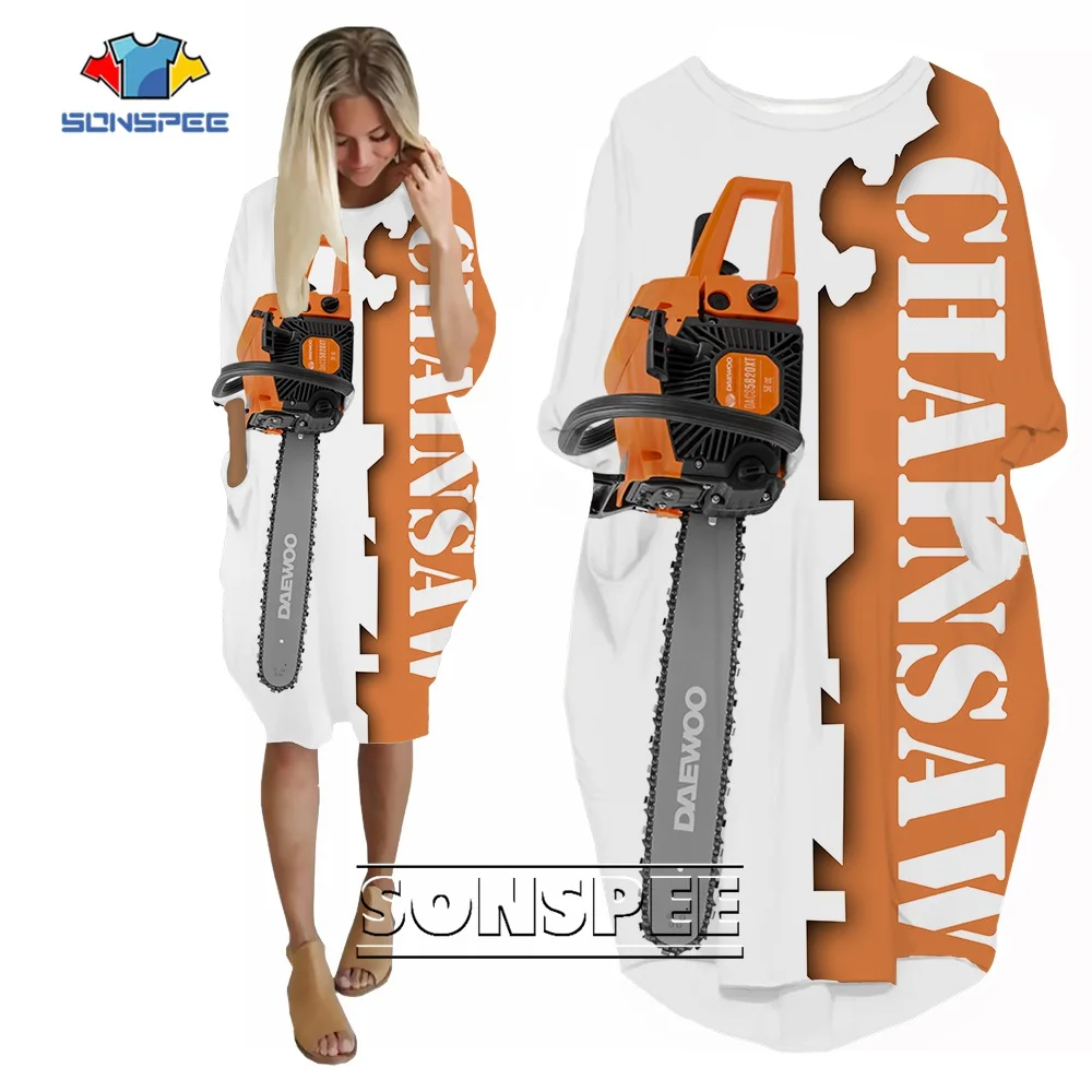 

SONSPEE Bicolor Chainsaw Letter 3D Printing Dress Sawing Machine Pockets Skirt Female Loose Lumbering Tools Robe Dresses