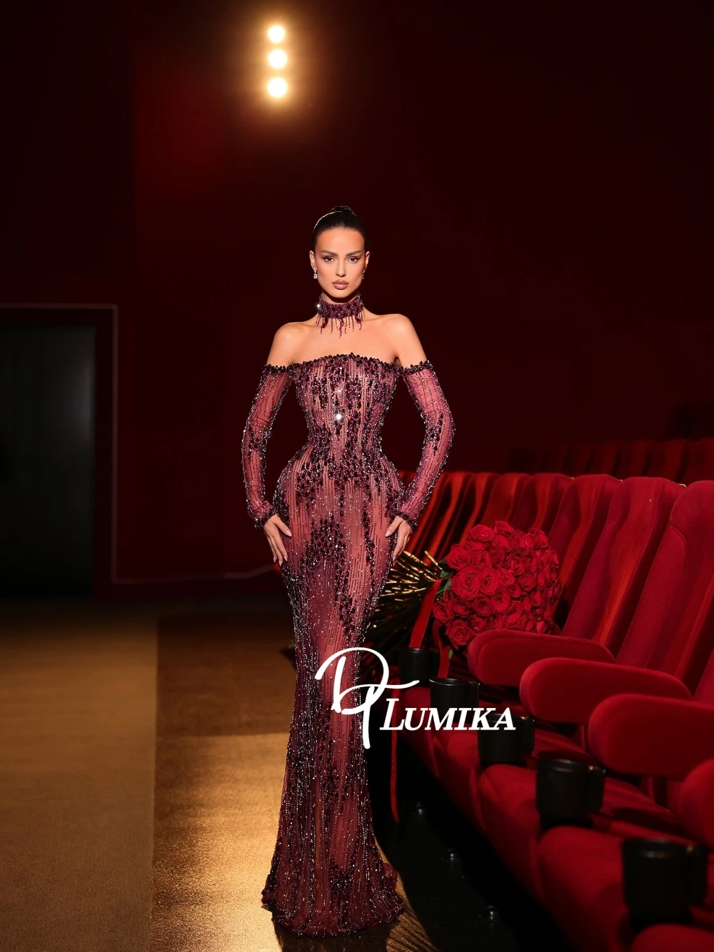 

Burgundy Off Shoulder Long Sleeved Evening Dress Illusion Sheer Beaded Sparkly Mermaid Prom Gown For Wedding Guest & Gala