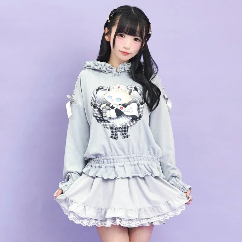 Japanese Style Sweet Casual Cute Cartoon Cat Print Bow Long Sleeve Ruffles Patchwork Casual Hoodies Sweatshirts Top Women Autumn