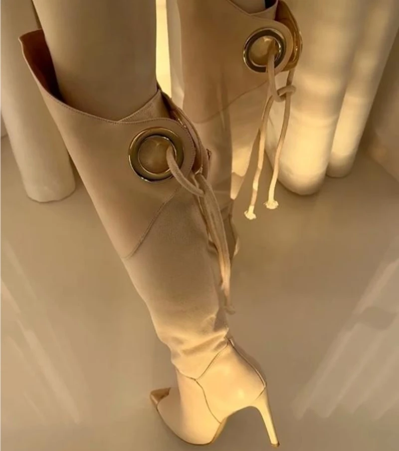 

Бежевые парусиновые сапоги до колена в стиле пэчворк, золотистые металлические сапоги до колена с круглым носком и пряжкой, высокие сапоги со стальным носком, современная женская обувь