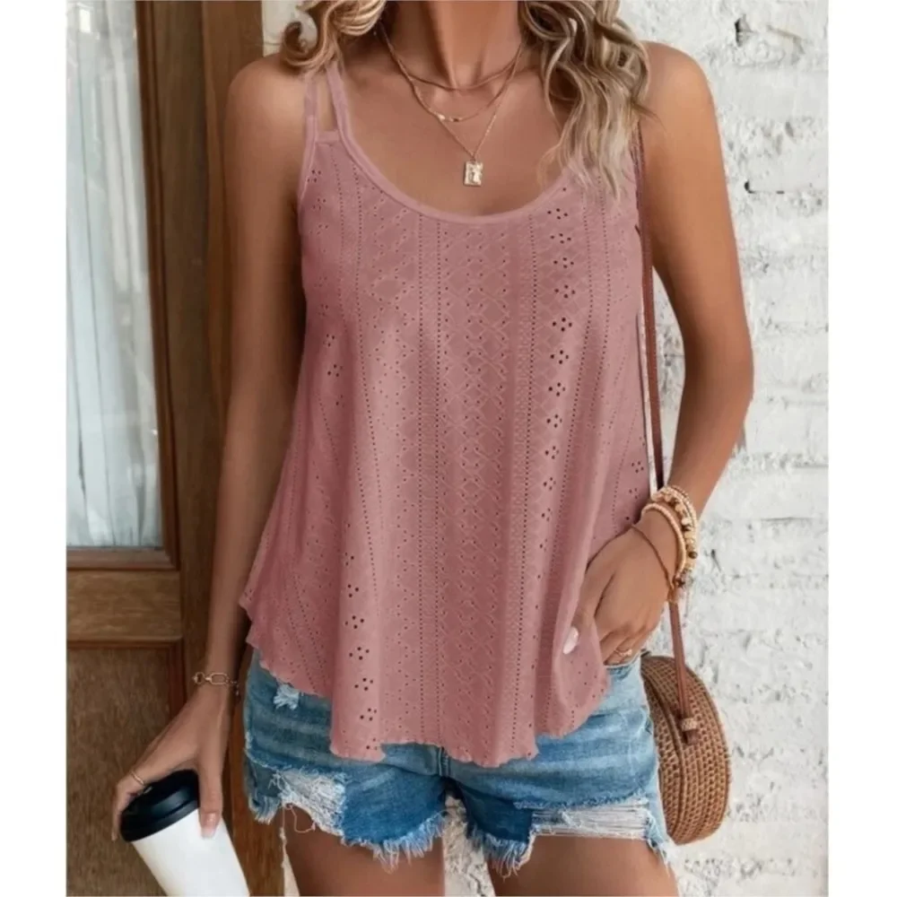 

2025 Summer Casual Women Tops Hollow Out Tee Y2k Beach Boho Camis Pullovers New Leisure Shirts Clothing