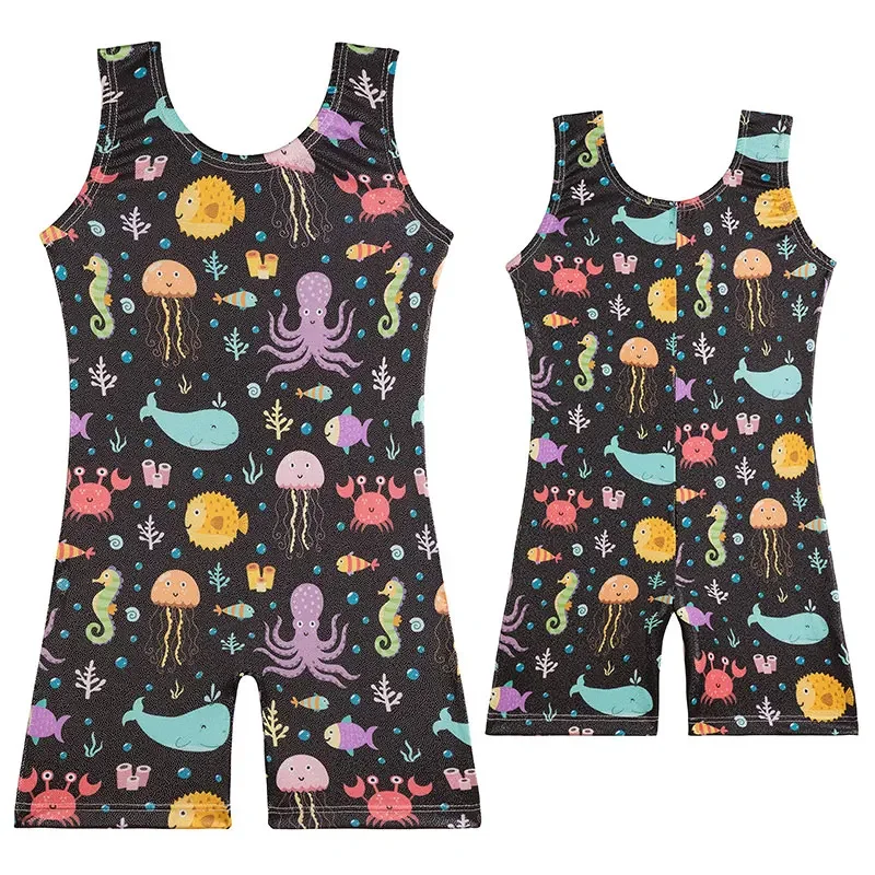 Mädchen-Gymnastik-Trikots für Kinder, bunte Muster, ärmellose Ballett-Trikots für Gymnastik, Tanz, Tank, Radfahren, Overalls