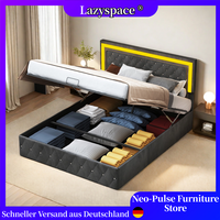 Lazyspace Luxurious Rhinestone Decoration Hydraulic Storage Bed,Velvet Upholstered Bed Frame with LED Lighting,Bedroom Furniture