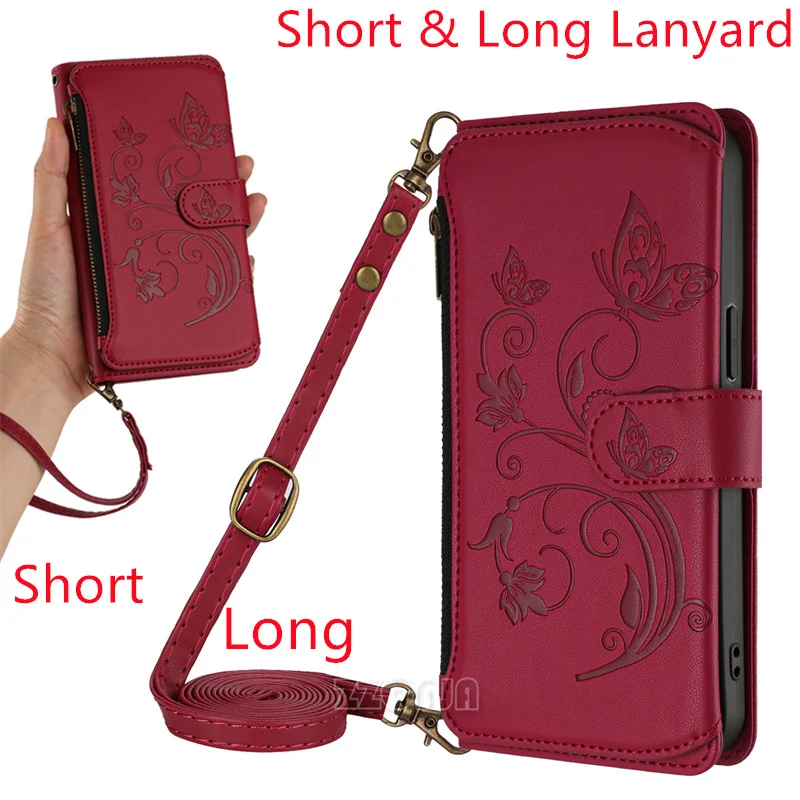 

Butterfly Flowers Zipper Wallet For iPhone 11 12 Mini 13 Pro Max XR XS 8 7 6S Plus SE3 SE2 Case Leather Stand Card Slots Lanyard