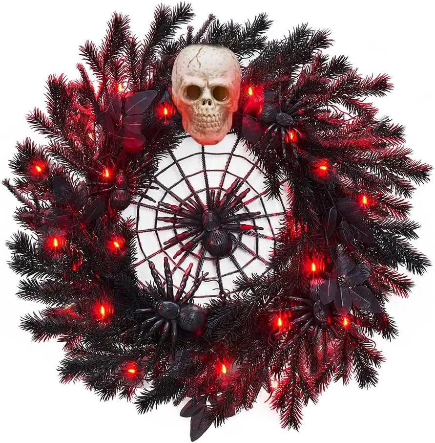 

22” Halloween Wreath with Lights, Black Twig Wreath with Scary Skull and Spider, Artificial Halloween Party Decorations