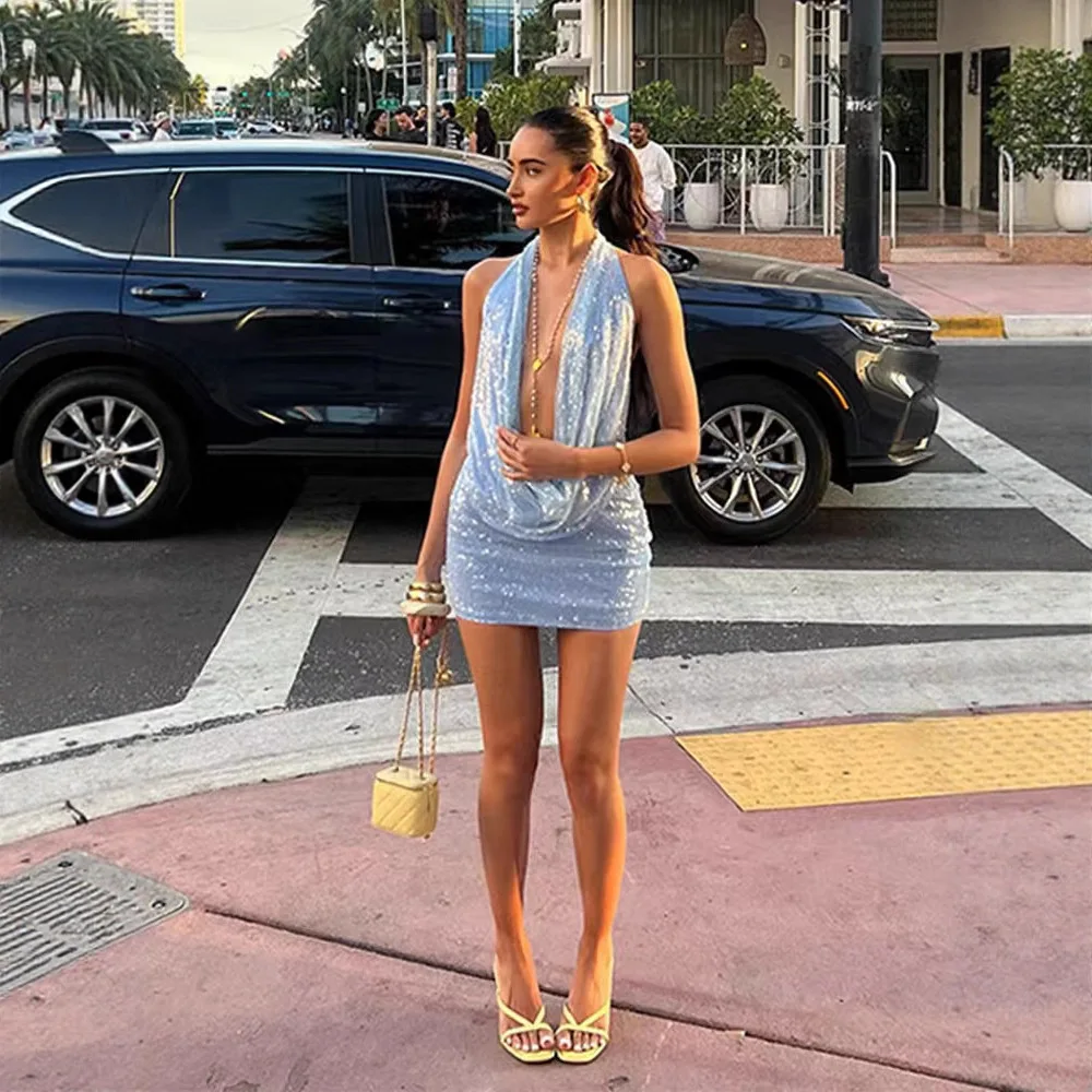Elegant Blue Backless Deep V Neck Short Skirt Slim Fit Crossbody Women's Fashionable Summer 2025 Polyester Material