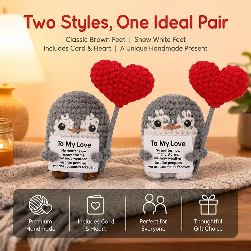 Funny Crochet Positive Support Heart Penguin Doll Cute Crochet Handmade Ornaments with Positive Card Cheer Up Gift for Friend