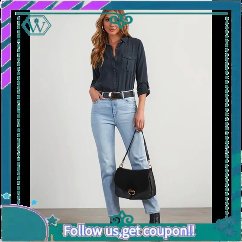 

A09P женская джинсовая рубашка с двойными карманами и украшением, однобортная повседневная женская куртка с лацканами