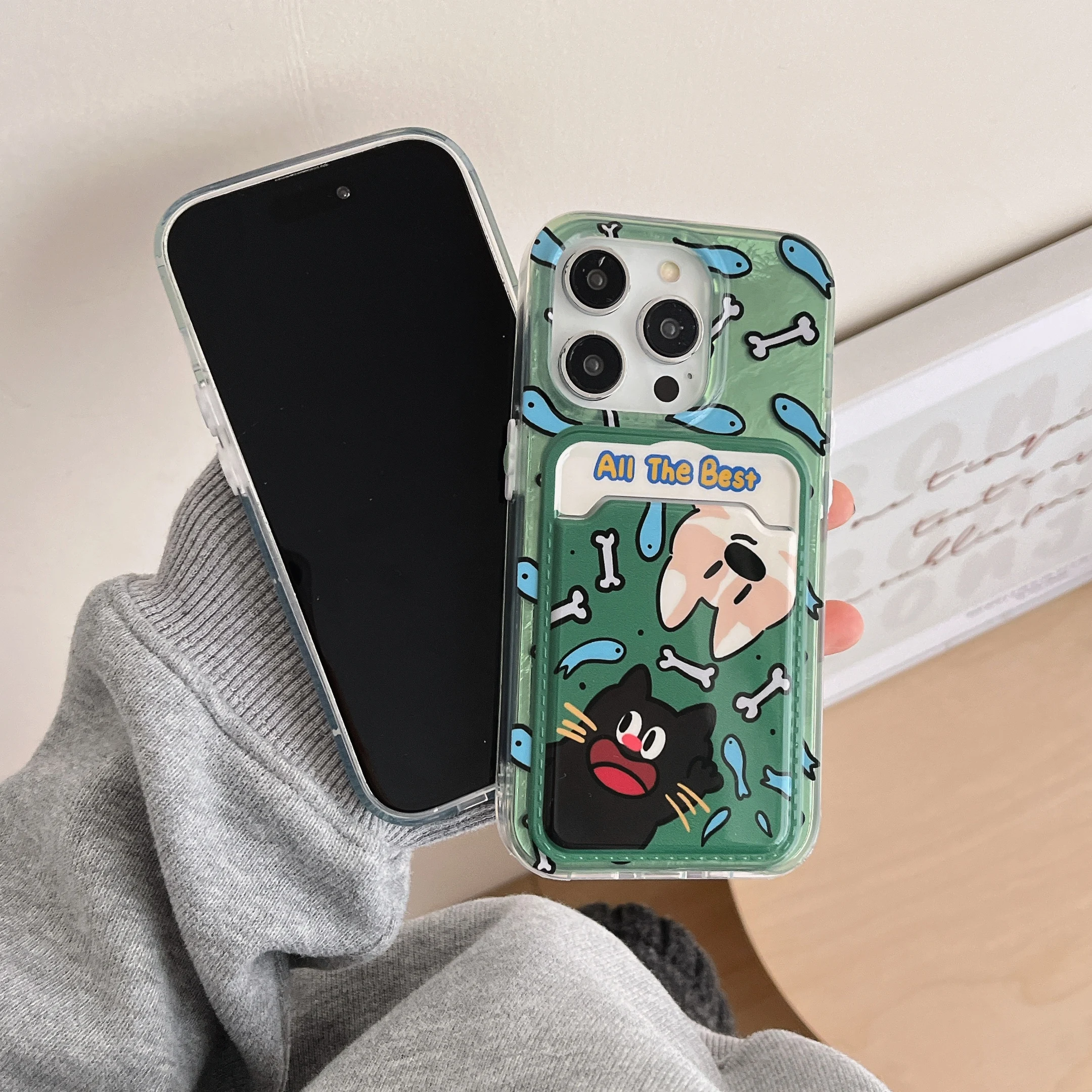 With card bag Green background Cute Cat pattern for iPhone 14Promax 14Pro 14 13 16 16Pro 16Promax 15 15Pro 15Promax soft shell