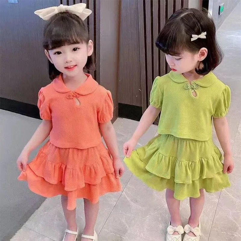 2024 Baby Cute Set Children's Casual Fashion 2 Piece Summer New Girls Sweet Lapel Short Top Comfortable Skirt Suit 2-8 Years Old