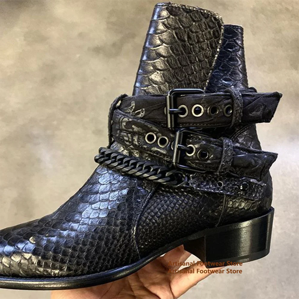 Snake Pattern Chelsea Boots Metal Chain Buckle Strap Height Increasing Men's Boots Trendy Handmade Custom Stylish Men Boots