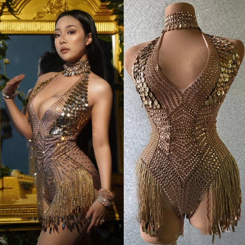 

Full Gold Rhinestones Bodysuit Sexy Big Stones Fringes Clothes Women Nightclub Party Gogo Dancer Costume Festival Outfit XS6004