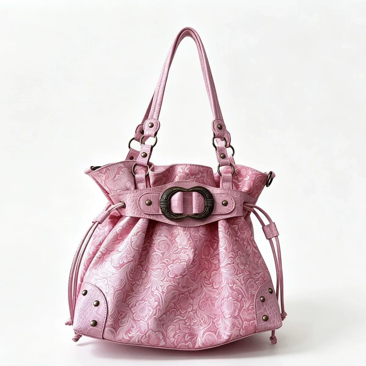 Y2K Floral Print Women Shoulder Tote Bag Light Blue Handbag with Croc PU Trim, Vintage Belt Buckle Large Drawstring Shopper Bag