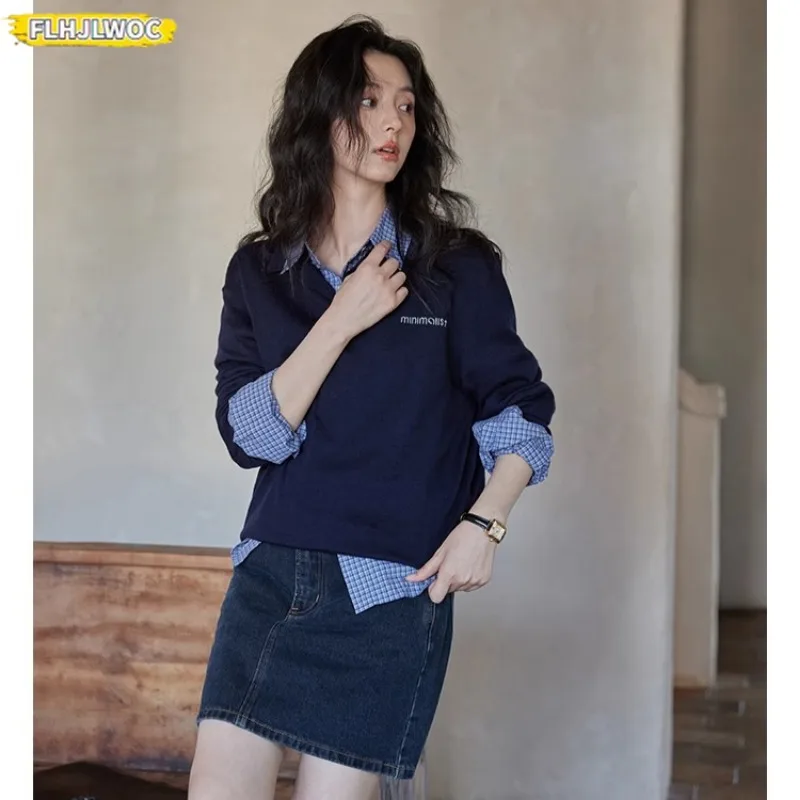 Hot Sales Cotton Blends Tops Blouses New 2025 Spring New Year Girls Preppy Style Loose Boyfriend Design Button Blue Plaid Shirts