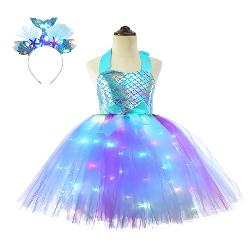 Girls Pastel  Dresses with LED Lights Kids Birthday Party Glowing Dress Children Mermaid Costumes Baby Girl Rainbow Unicorn Tutu