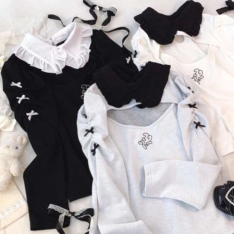 

Women Japanese Cartoon Print Kawaii Bow T-shirt Casual Loose Contrast Color Grunge Tshirts Y2k Aesthetic Autumn Hollow Out Tops