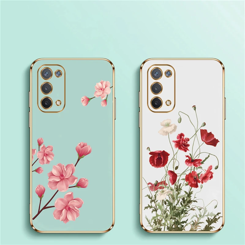 A74 5G Pattern Flower Phone Case For OPPO A54 A55 A76 A78 A83 A91 A92S Luxury Plating Silicone Soft Cover Coque