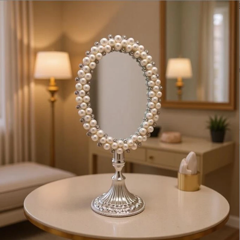 

Fashion 7inches Silver Plated one Face Desktop Metal Makeup Mirror With Pearl inlay Frame Mirror Tabletop compact mirror XY070