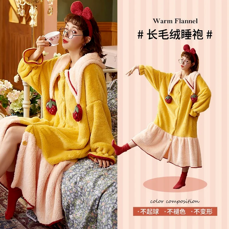 Strawberry Hooded Bathrobe Pajamas Fleece Nightwear Winter Women Warm Thick Coral Velvet Home Wear Nightgown Sleep Wear