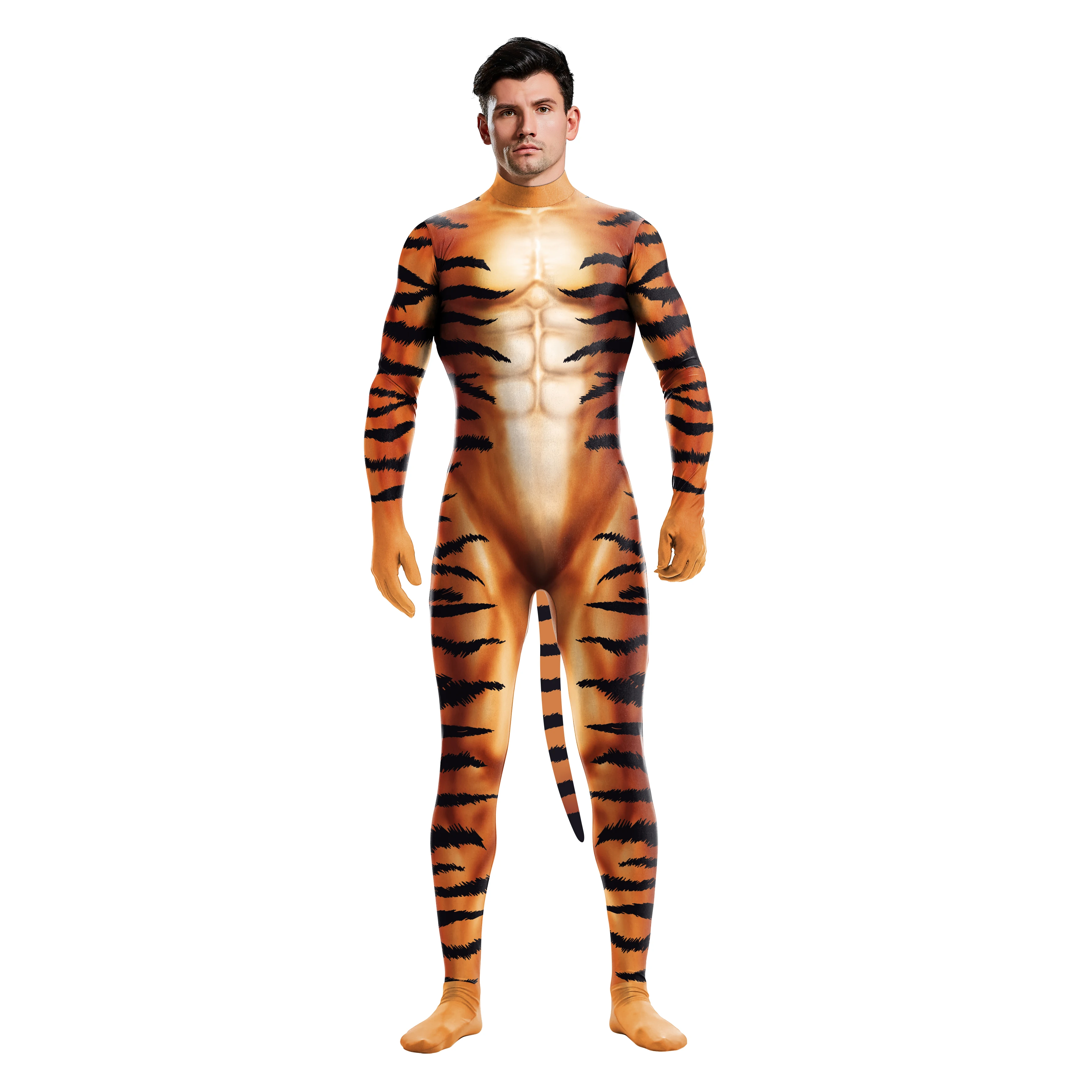 Halloween Animal Tiger Pattern Printing Cosplay Costume Man Funny Long Sleeve Bodysuit Party Jumpsuit Disguise Stage Clothes