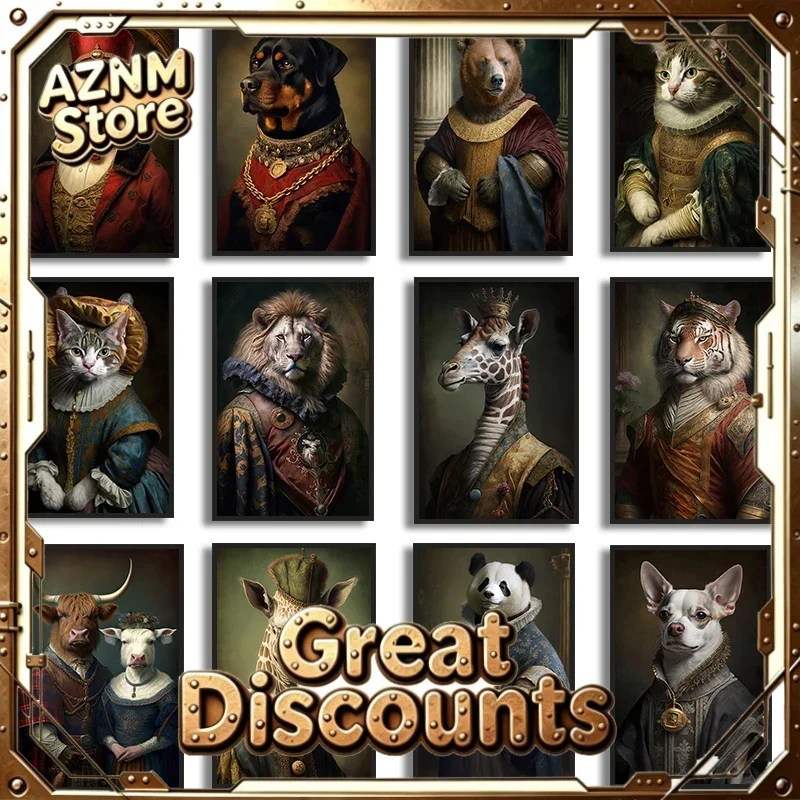 (2D canvas painting)  Renaissance European Aristocrat  Giraffe Tiger Highland Cow Cat Tiger Dog Poster Print Canvas Painting