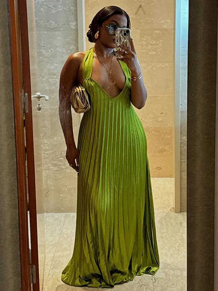 Zielone suknie wieczorowe kobieta elegancka seksowna letnia plisowana sukienka drążą Lady Halter Neck sukienka z odkrytymi plecami hurtownia Dropshipping